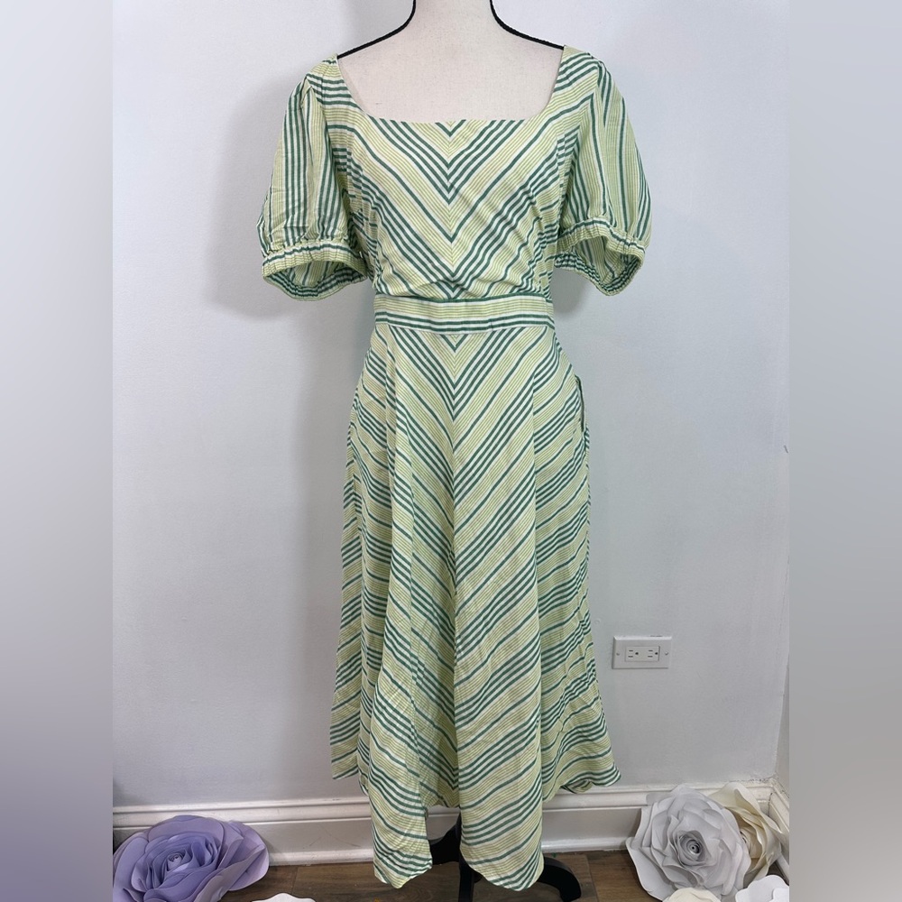 New York & Company Green Stripe Linen Blend Tie Waist Dress Women’s Size Large - Picture 1 of 7